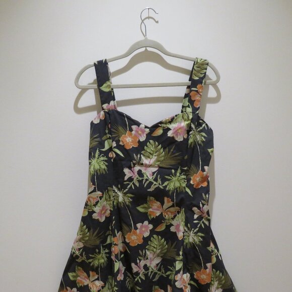 DR FAUST Marrama Palm Tree Exotic Flowers Black Retro Midi Swing Dress Rock Vtg - Picture 4 of 13